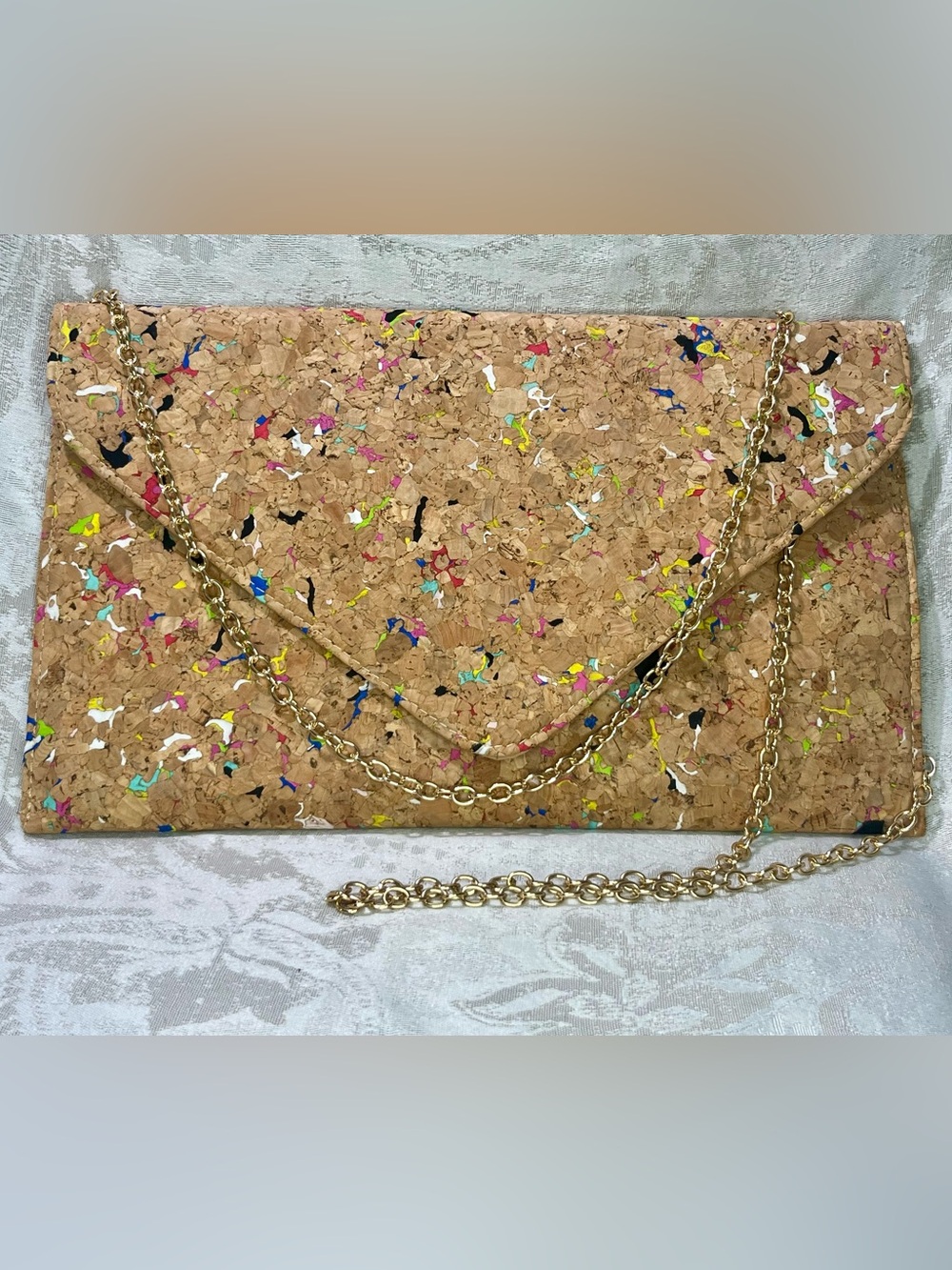 Cork “Confetti” Multi Color Print Envelope Clutch with Chain
